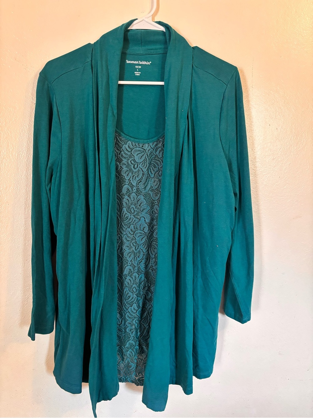 Woman Within Teal Lace-Front Open Cardigan